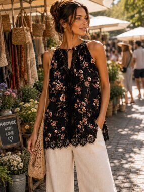 White House Black Market XXS Floral Lace Keyhole Boho Tunic Top